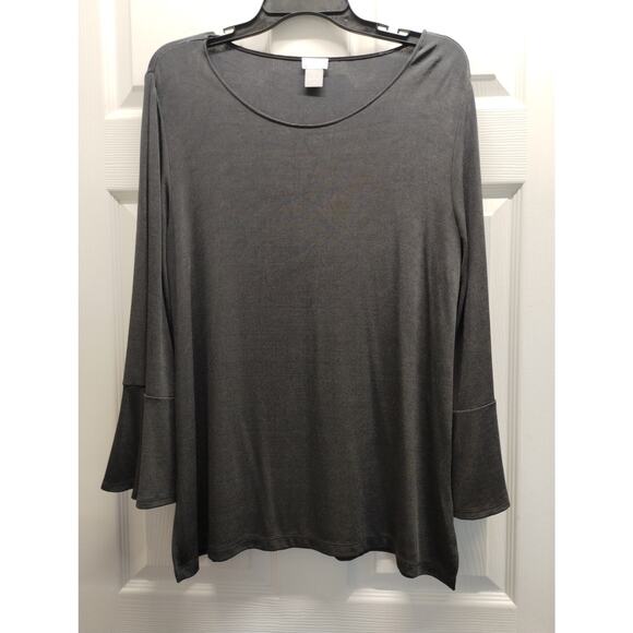 Chico's Travelers Size Large (2) Dark Gray Long Bell Sleeves Packable Slinky Top - Picture 1 of 5